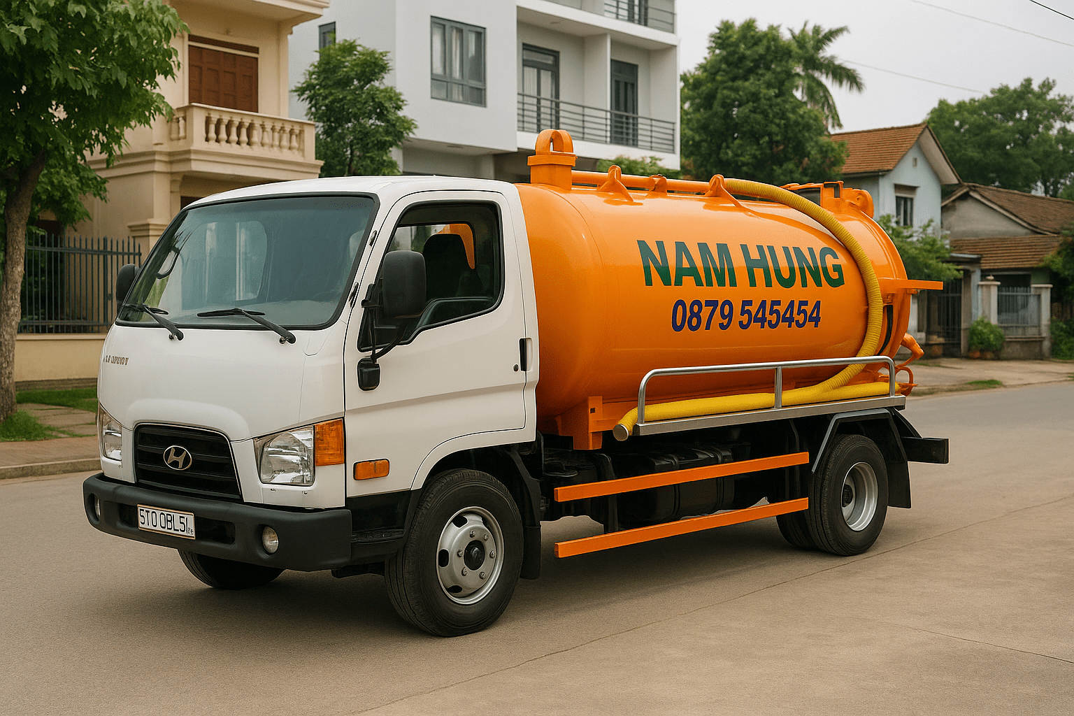 Xe hút hầm cầu Nam Hưng màu cam đậu trước khu dân cư